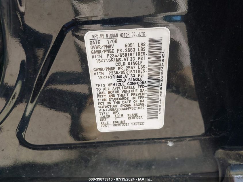 2006 Nissan Murano Sl VIN: JN8AZ08W46W521882 Lot: 39873910