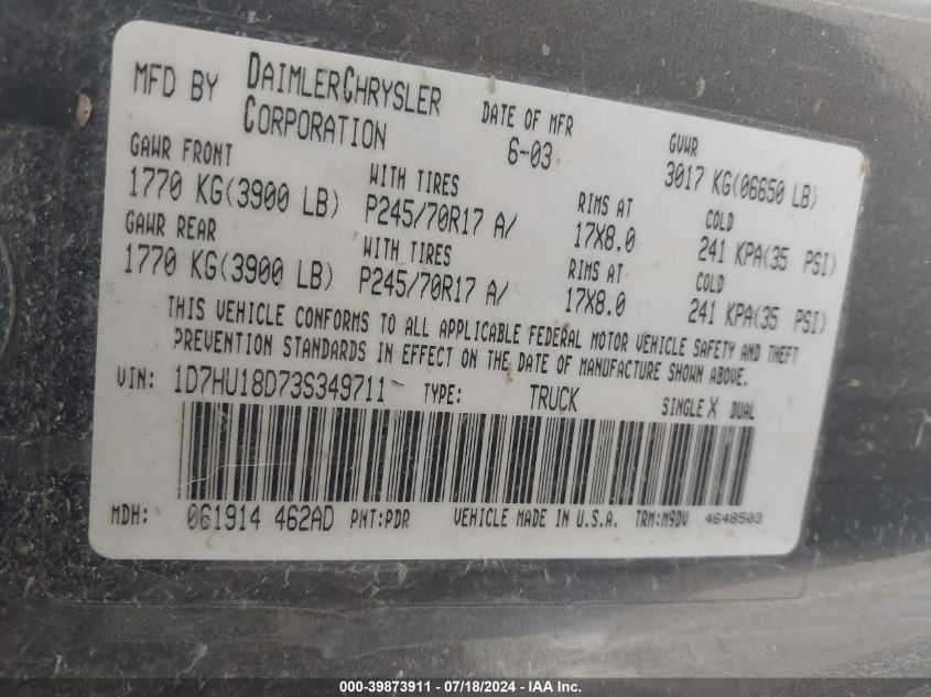 2003 Dodge Ram 1500 St/Slt VIN: 1D7HU18D73S349711 Lot: 39873911