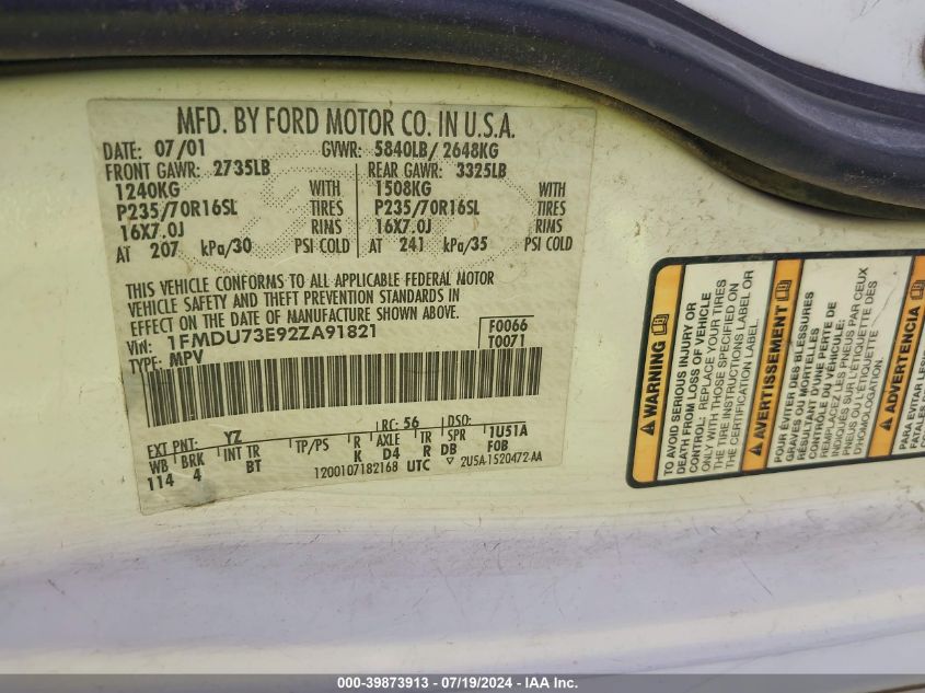 2002 Ford Explorer Xlt VIN: 1FMDU73E92ZA91821 Lot: 39873913