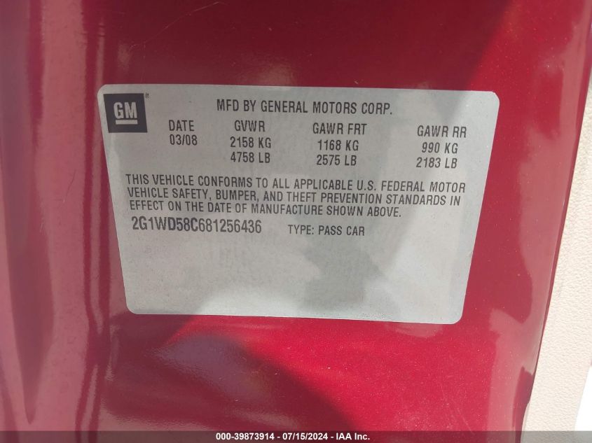 2008 Chevrolet Impala Ss VIN: 2G1WD58C681256436 Lot: 39873914