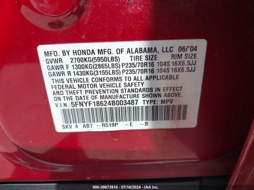 2004 Honda Pilot Ex-L VIN: 5FNYF18624B003487 Lot: 39873918
