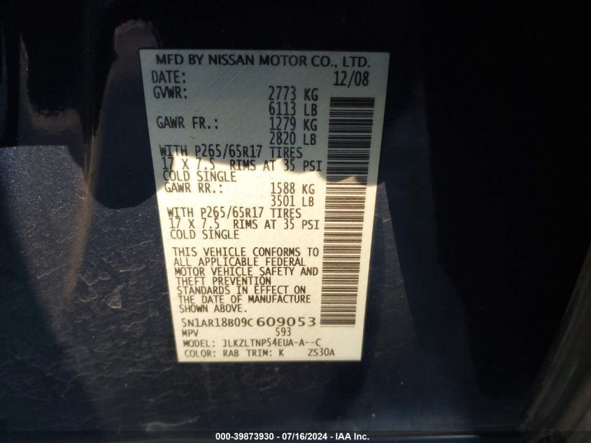 2009 Nissan Pathfinder S/Le/Se VIN: 5N1AR18B09C609053 Lot: 39873930