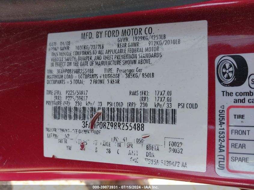 2008 Ford Fusion Sel VIN: 3FAHP08Z98R255488 Lot: 39873931