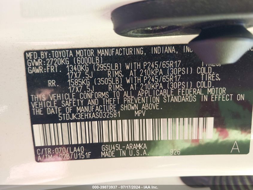 2010 Toyota Highlander Se VIN: 5TDJK3EHXAS032581 Lot: 39873937