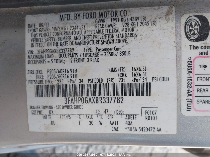 2011 Ford Fusion S VIN: 3FAHP0GAXBR337782 Lot: 39873950