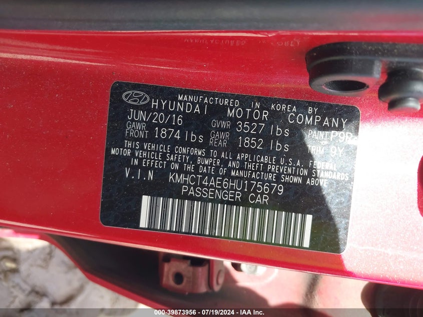2017 Hyundai Accent Se VIN: KMHCT4AE6HU175679 Lot: 39873956
