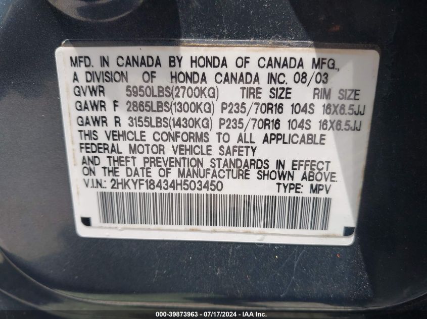 2004 Honda Pilot Ex VIN: 2HKYF18434H503450 Lot: 39873963