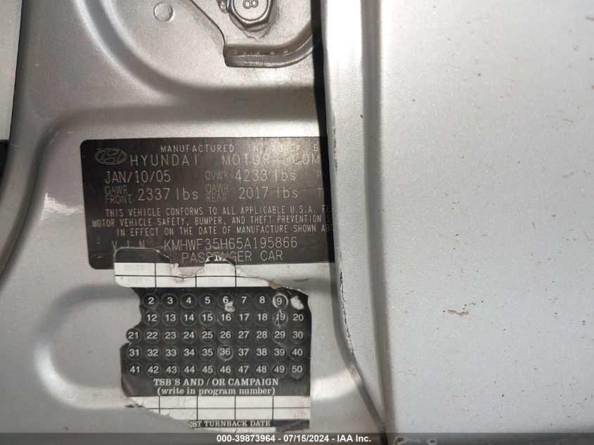 2005 Hyundai Sonata Gls/Lx VIN: KMHWF35H65A195866 Lot: 39873964