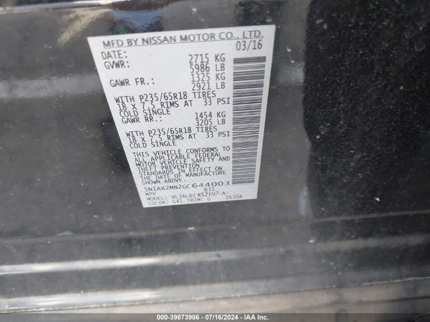 2016 Nissan Pathfinder S VIN: 5N1AR2MN2GC644003 Lot: 39873986