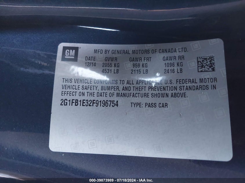 2015 Chevrolet Camaro 2Ls VIN: 2G1FB1E32F9196754 Lot: 39873989