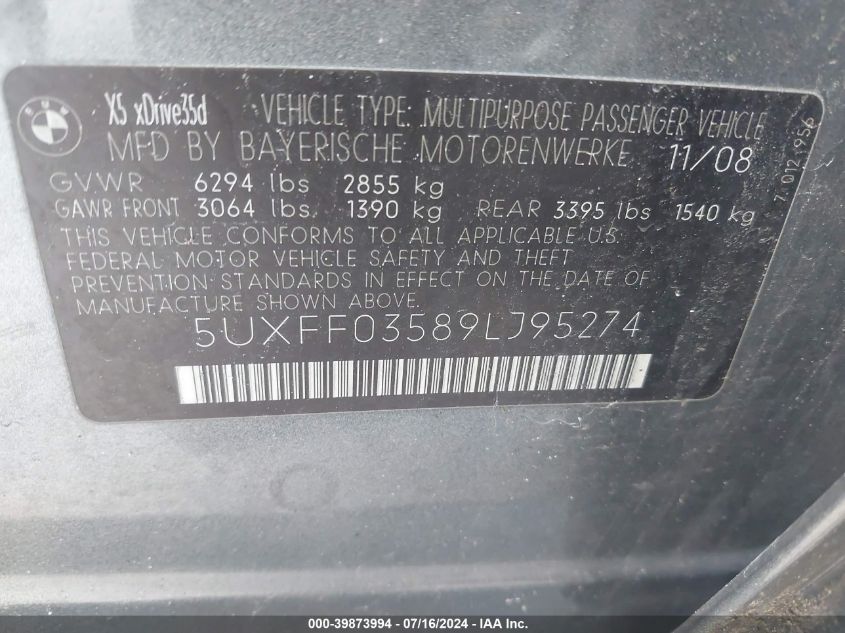 2009 BMW X5 xDrive35D VIN: 5UXFF03589LJ95274 Lot: 39873994