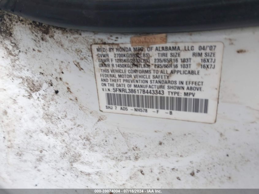 2007 Honda Odyssey Ex-L VIN: 5FNRL38617B443343 Lot: 39874004