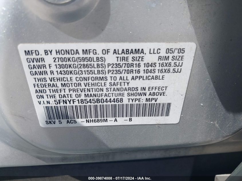 2005 Honda Pilot Ex-L VIN: 5FNYF18545B044468 Lot: 39874008