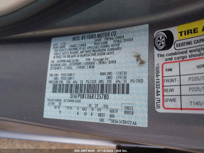 2006 Ford Fusion Sel VIN: 3FAFP081X6R135780 Lot: 39874009