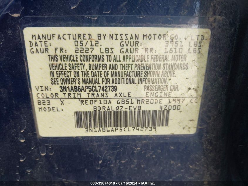 2012 Nissan Sentra 2.0 VIN: 3N1AB6AP5CL742739 Lot: 39874010