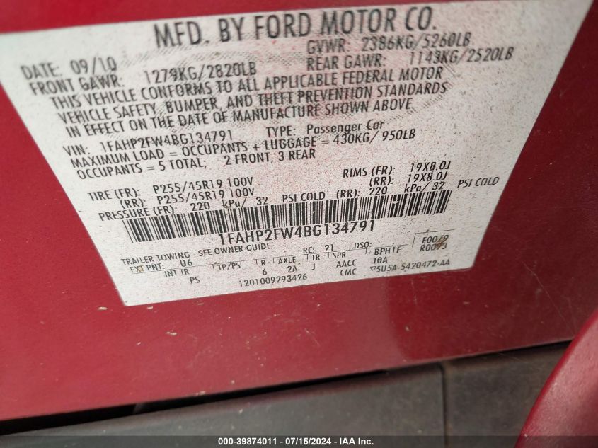 2011 Ford Taurus Limited VIN: 1FAHP2FW4BG134791 Lot: 39874011