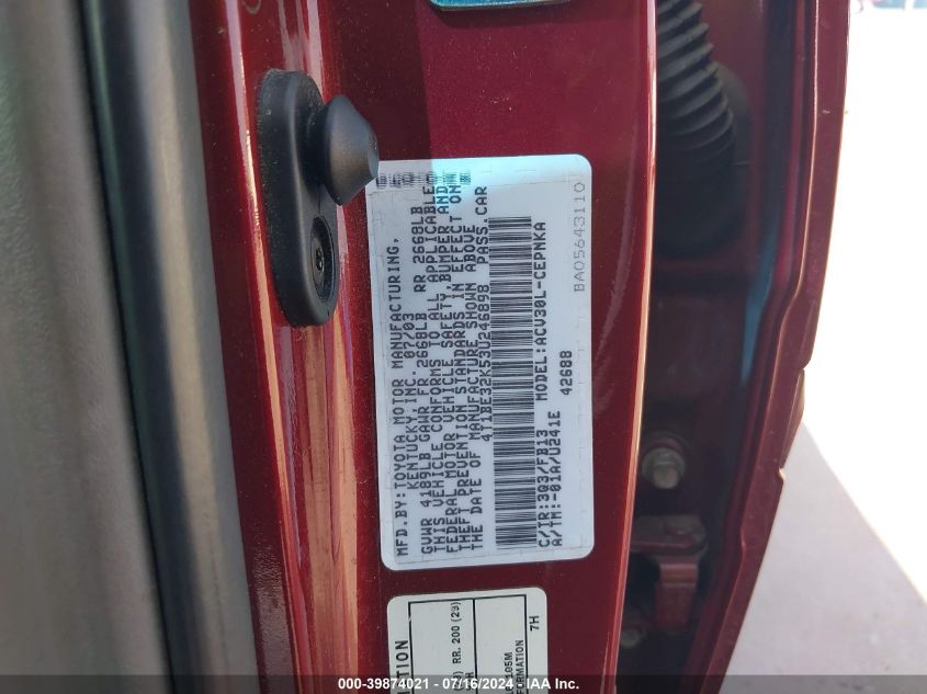 2003 Toyota Camry Le/Xle/Se VIN: 4T1BE32K53U246898 Lot: 39874021