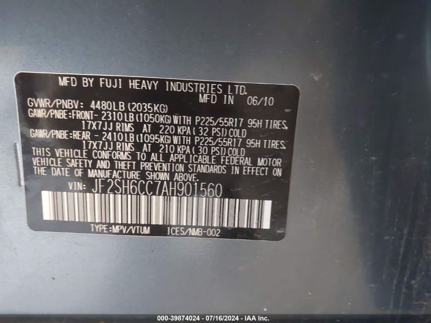 2010 Subaru Forester 2.5X Premium VIN: JF2SH6CC7AH901560 Lot: 39874024