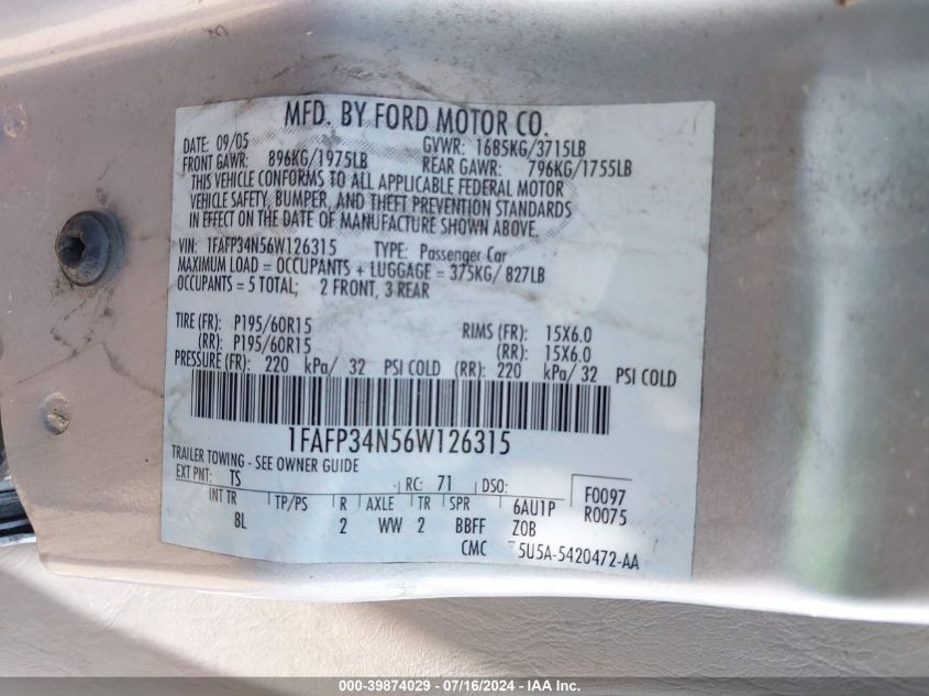 1FAFP34N56W126315 2006 Ford Focus Se/Zx4