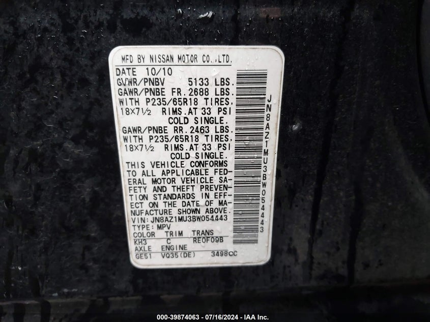 2011 Nissan Murano S/Sl/Le VIN: JN8AZ1MU3BW054443 Lot: 39874063