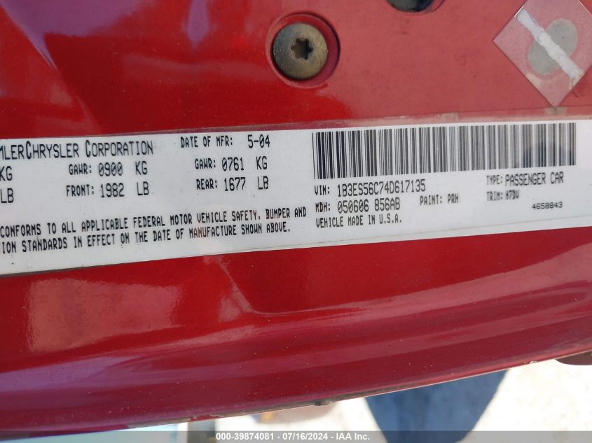 2004 Dodge Neon Sxt VIN: 1B3ES56C74D617135 Lot: 39874081