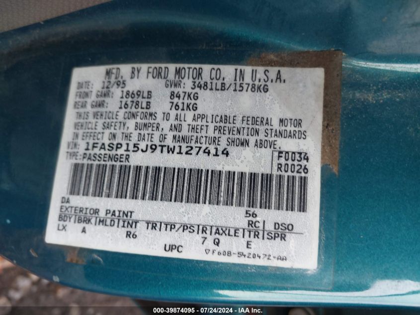 1996 Ford Escort Lx VIN: 1FASP15J9TW127414 Lot: 39874095