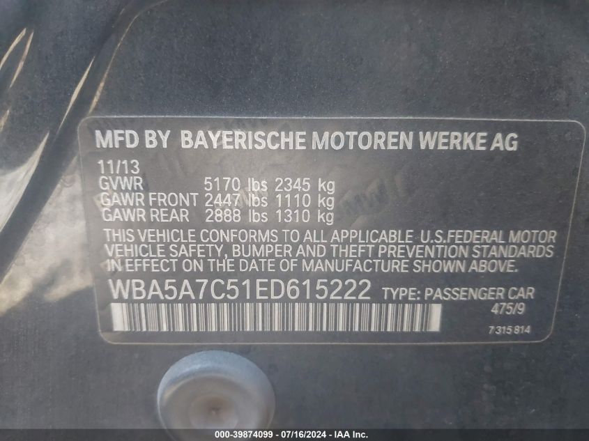 2014 BMW 528I xDrive VIN: WBA5A7C51ED615222 Lot: 39874099