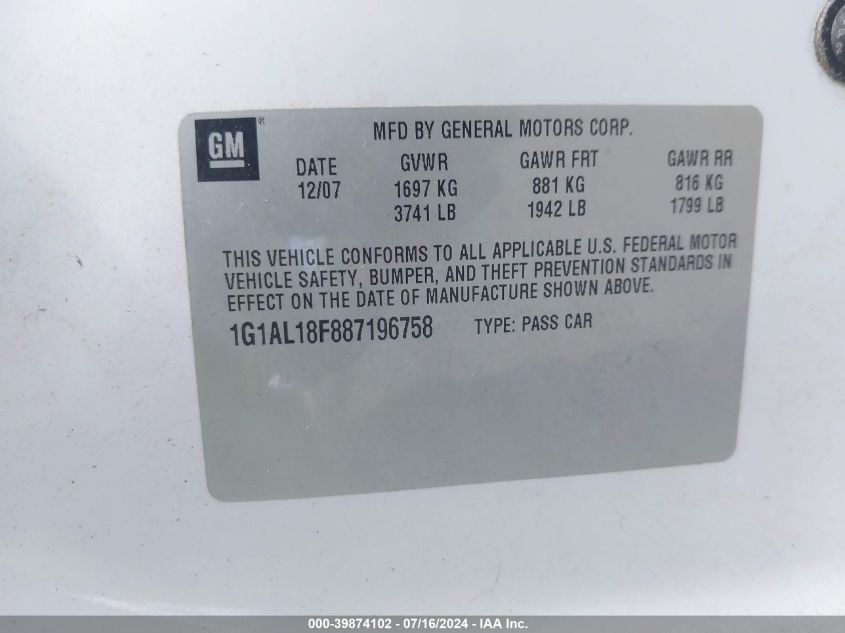 2008 Chevrolet Cobalt Lt VIN: 1G1AL18F887196758 Lot: 39874102