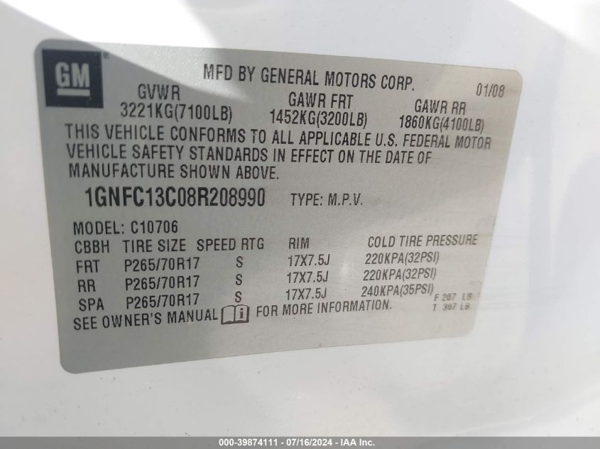 2008 Chevrolet Tahoe Ls VIN: 1GNFC13C08R208990 Lot: 39874111