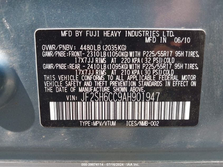 2010 Subaru Forester 2.5X Premium VIN: JF2SH6CC9AH901947 Lot: 39874114