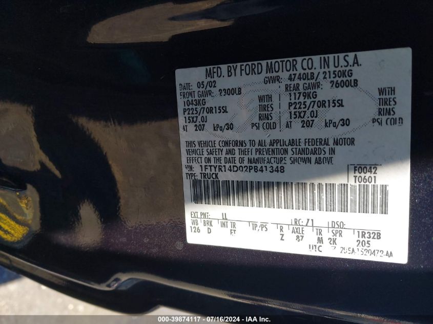 2002 Ford Ranger Xl/Xlt VIN: 1FTYR14D02PB41348 Lot: 39874117