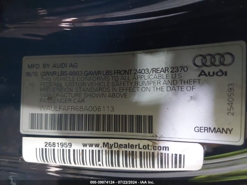 2011 Audi A5 2.0T Premium VIN: WAULFAFR6BA006113 Lot: 39874124