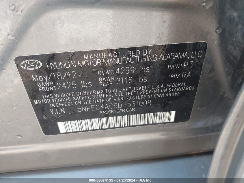 2013 Hyundai Sonata Se/Limited VIN: 5NPEC4AC9DH531008 Lot: 39874135