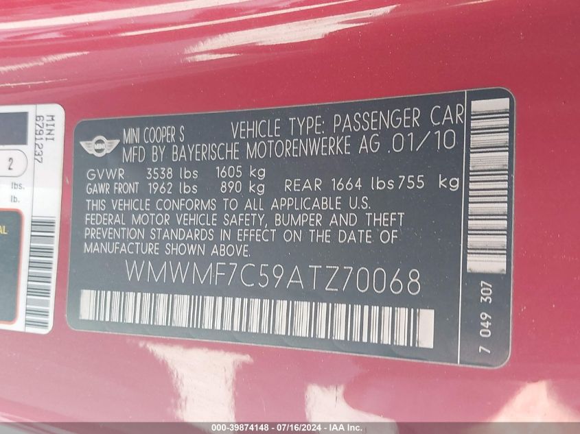 2010 Mini Cooper S VIN: WMWMF7C59ATZ70068 Lot: 39874148