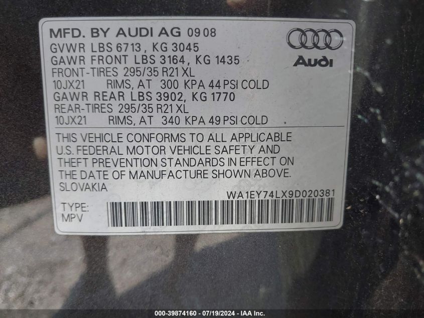 2009 Audi Q7 3.6 Premium VIN: WA1EY74LX9D020381 Lot: 39874160