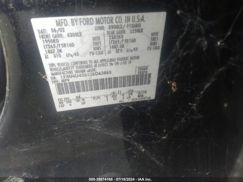 2002 Ford Excursion Limited VIN: 1FMNU43S92ED63865 Lot: 39874168