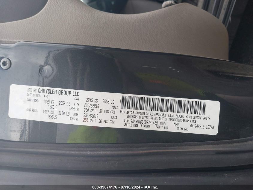 2011 Dodge Grand Caravan Express VIN: 2D4RN4DG1BR731409 Lot: 39874176