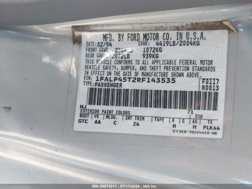 1994 Ford Mustang Gt VIN: 1FALP45T2RF143535 Lot: 39874211