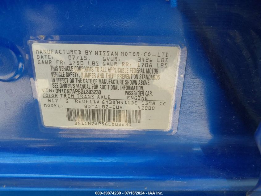 2016 Nissan Versa 1.6 S/1.6 S+/1.6 Sl/1.6 Sv VIN: 3N1CN7AP5GL803230 Lot: 39874239