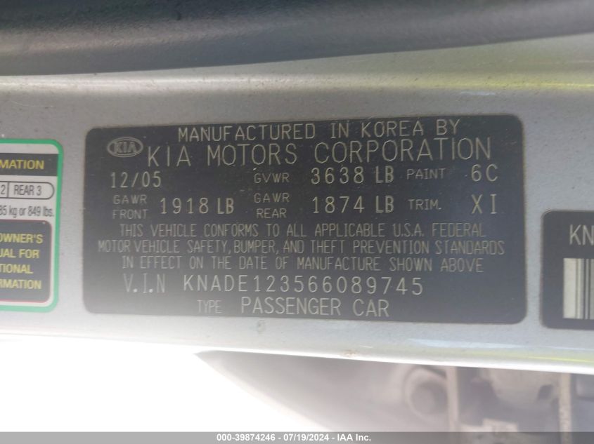 KNADE123566089745 2006 Kia Rio Lx