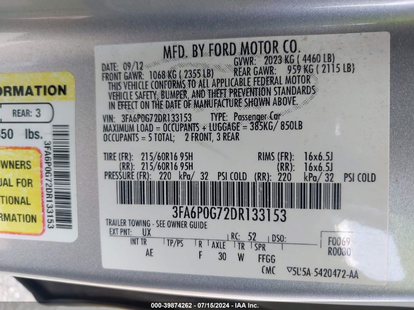 2013 Ford Fusion S VIN: 3FA6P0G72DR133153 Lot: 39874262