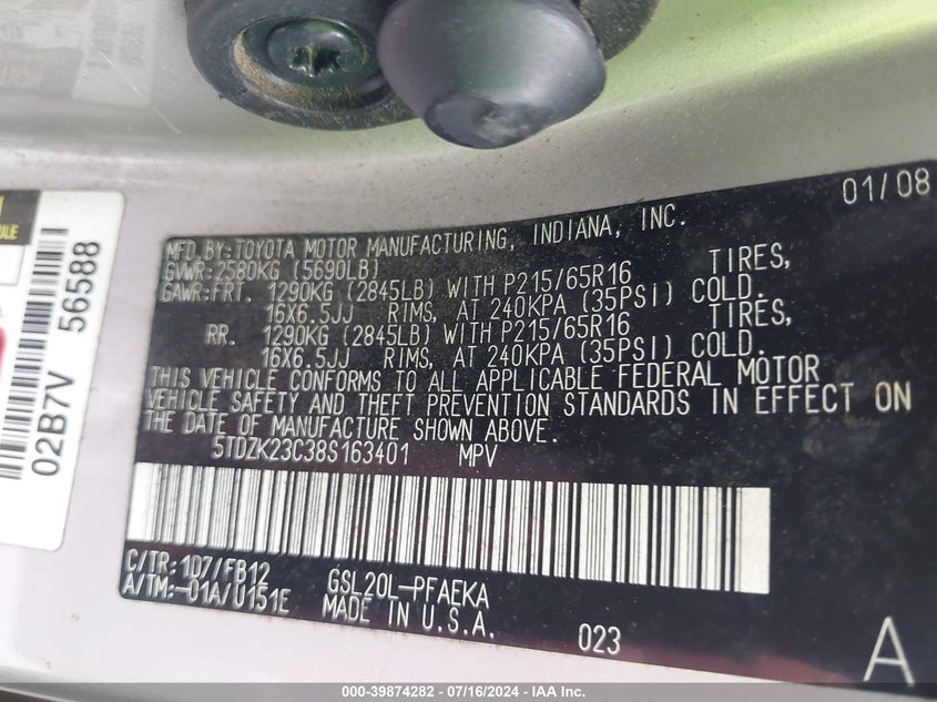 2008 Toyota Sienna Ce VIN: 5TDZK23C38S163401 Lot: 39874282