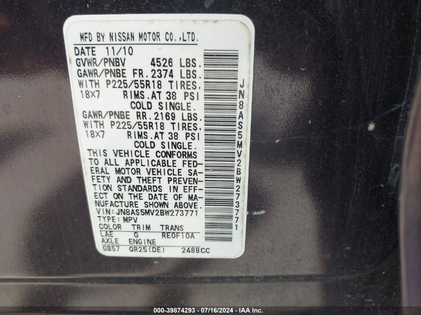 2011 Nissan Rogue Sv VIN: JN8AS5MV2BW273771 Lot: 39874293