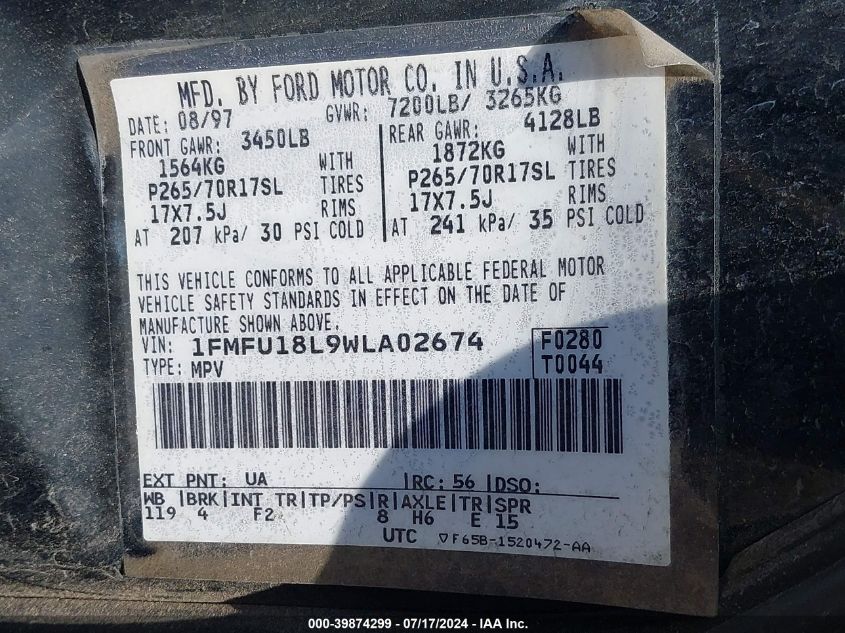 1998 Ford Expedition Eddie Bauer/Xlt VIN: 1FMFU18L9WLA02674 Lot: 39874299