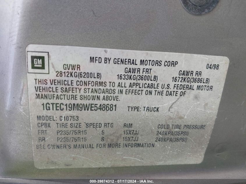 1998 GMC Sierra C1500 VIN: 1GTEC19M9WE548681 Lot: 39874312