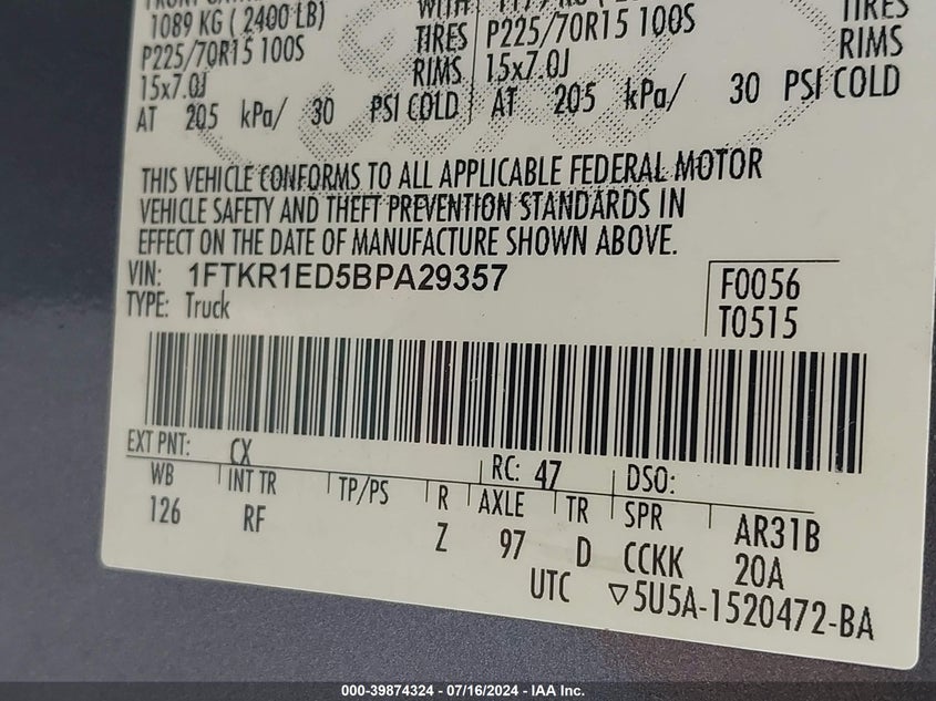 2011 Ford Ranger Xlt VIN: 1FTKR1ED5BPA29357 Lot: 39874324