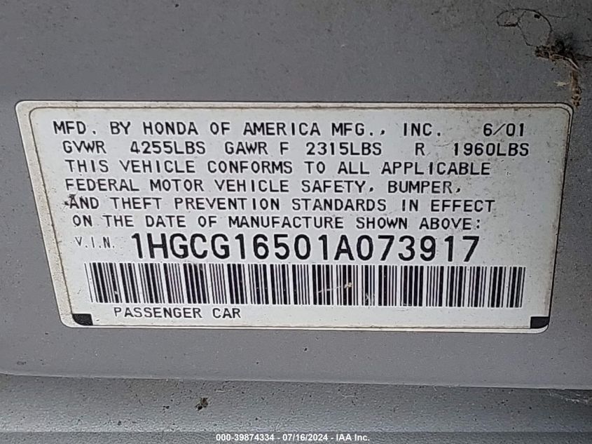 2001 Honda Accord 3.0 Ex VIN: 1HGCG16501A073917 Lot: 39874334