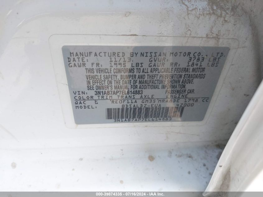 2014 Nissan Sentra Sv VIN: 3N1AB7AP7EL614883 Lot: 39874335