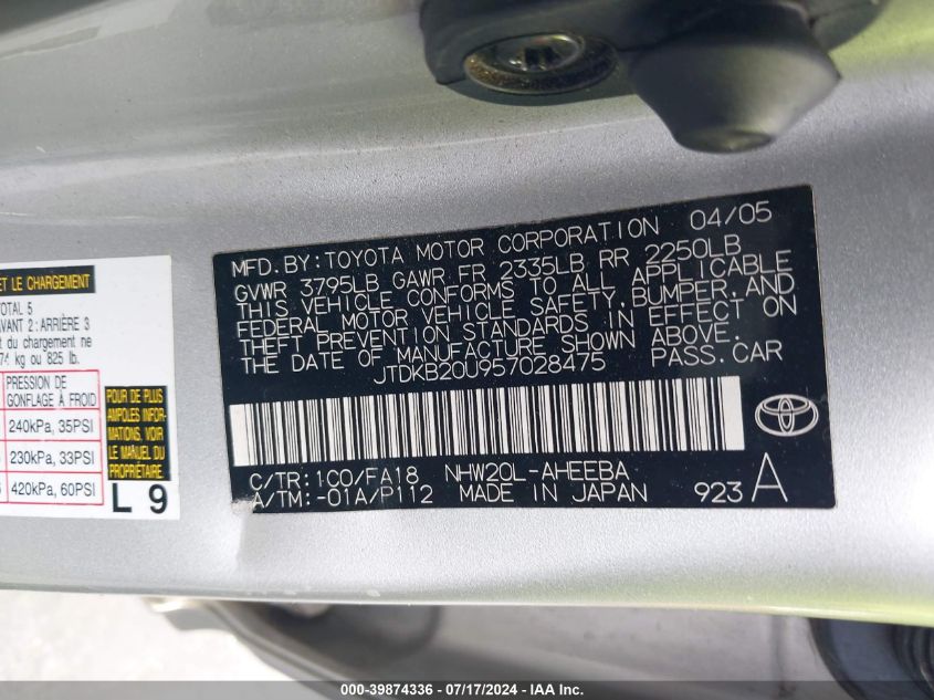 2005 Toyota Prius VIN: JTDKB20U957028475 Lot: 39874336