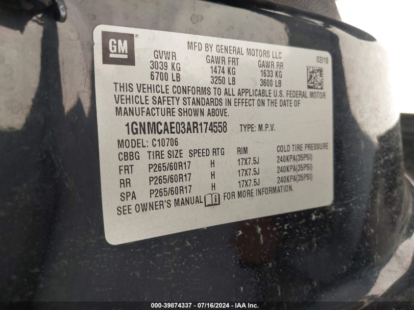2010 Chevrolet Tahoe Ls VIN: 1GNMCAE03AR174558 Lot: 39874337